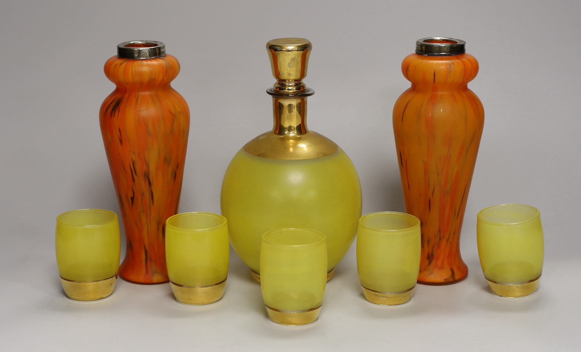 A mixed lot of various glass wares to include a hanging light shade, a pair of silver mounted vases and a liqueur set